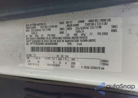 2018 Ford Transit-250 z USA, uszkodzony, nr VIN 1FTYR2DM1JKA05280